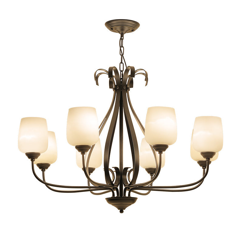 Modern Black Metal Chandelier: Radial Design, 3/6/8 Heads, Traditional Suspension Pendant Light with White Glass Shade