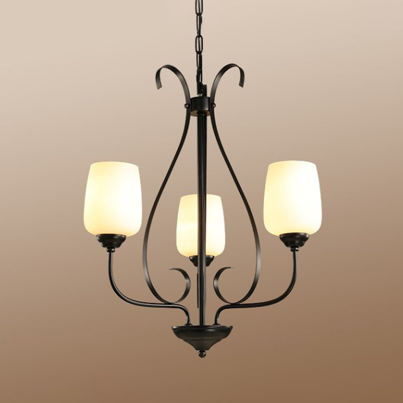 Modern Black Metal Chandelier: Radial Design, 3/6/8 Heads, Traditional Suspension Pendant Light with White Glass Shade