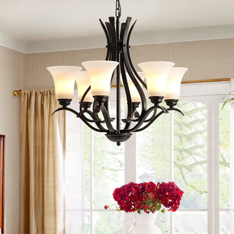 Retro Black Chandelier Pendant Lamp with Cream Glass for Living Room
