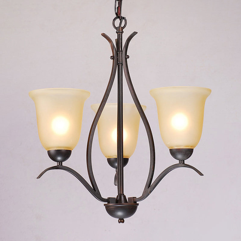 Traditional Bell Pendant Chandelier - Beige Frosted Glass Hanging Light - Black