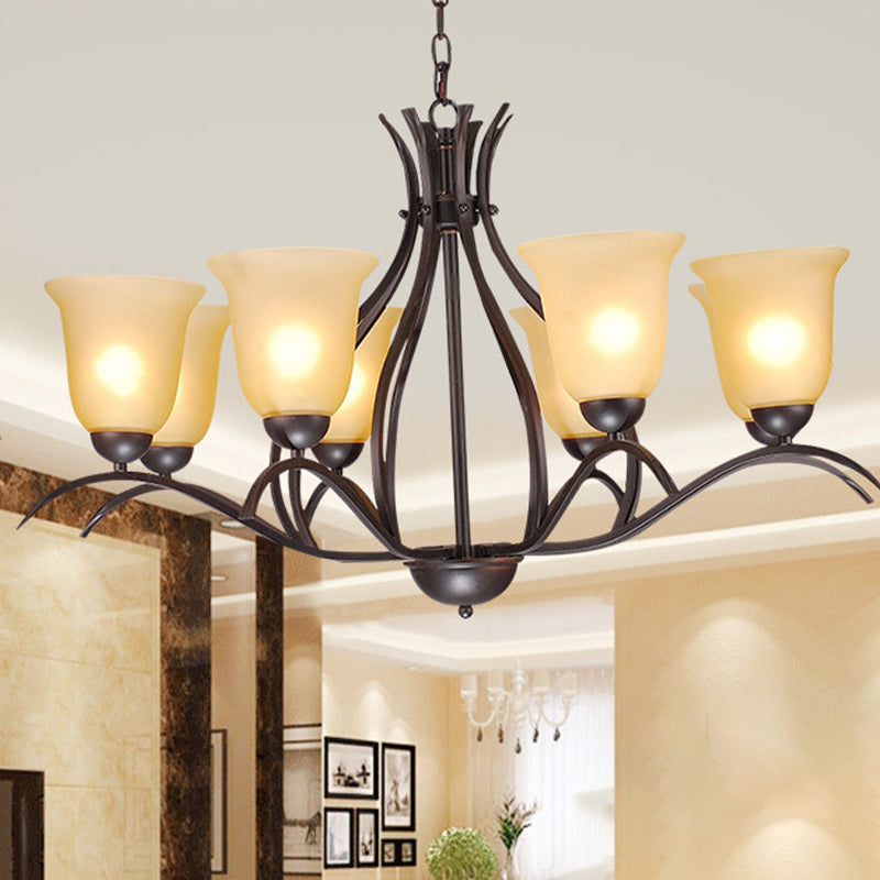 Traditional Bell Pendant Chandelier - Beige Frosted Glass Hanging Light - Black