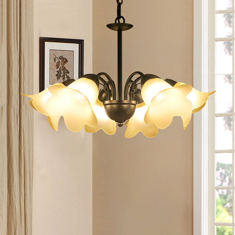 Retro Black Finish Chandelier with Floral Shape Glass Shade - Perfect for Dining Room - 3/5/6 Bulb Pendant Lighting