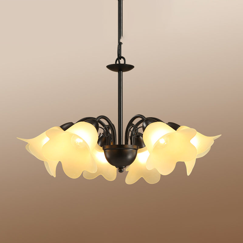 Retro Black Finish Chandelier with Floral Shape Glass Shade - Perfect for Dining Room - 3/5/6 Bulb Pendant Lighting