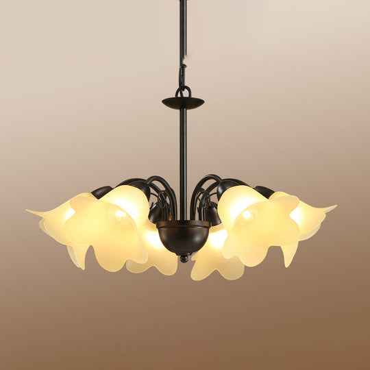 Retro Black Finish Chandelier with Floral Shape Glass Shade - Perfect for Dining Room - 3/5/6 Bulb Pendant Lighting