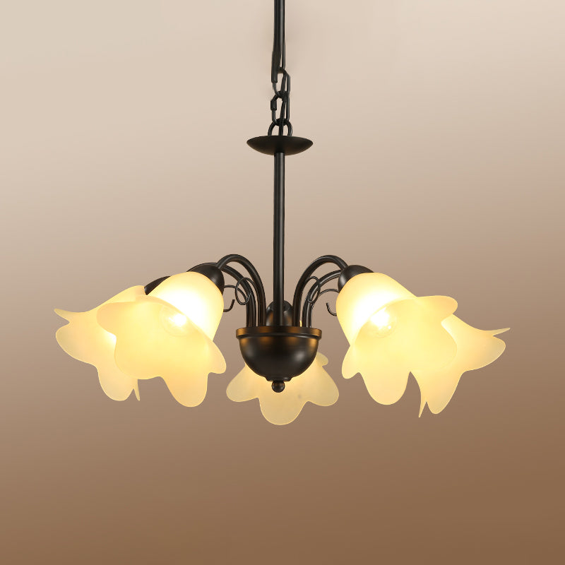 Retro Black Finish Chandelier with Floral Shape Glass Shade - Perfect for Dining Room - 3/5/6 Bulb Pendant Lighting