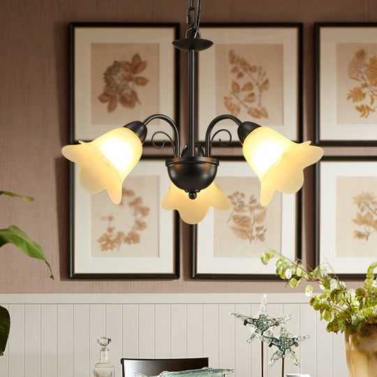 Retro Black Finish Chandelier with Floral Shape Glass Shade - Perfect for Dining Room - 3/5/6 Bulb Pendant Lighting