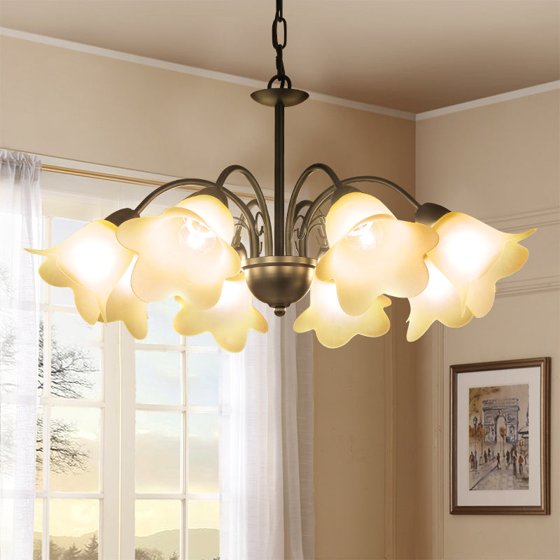 Retro Black Finish Chandelier with Floral Shape Glass Shade - Perfect for Dining Room - 3/5/6 Bulb Pendant Lighting