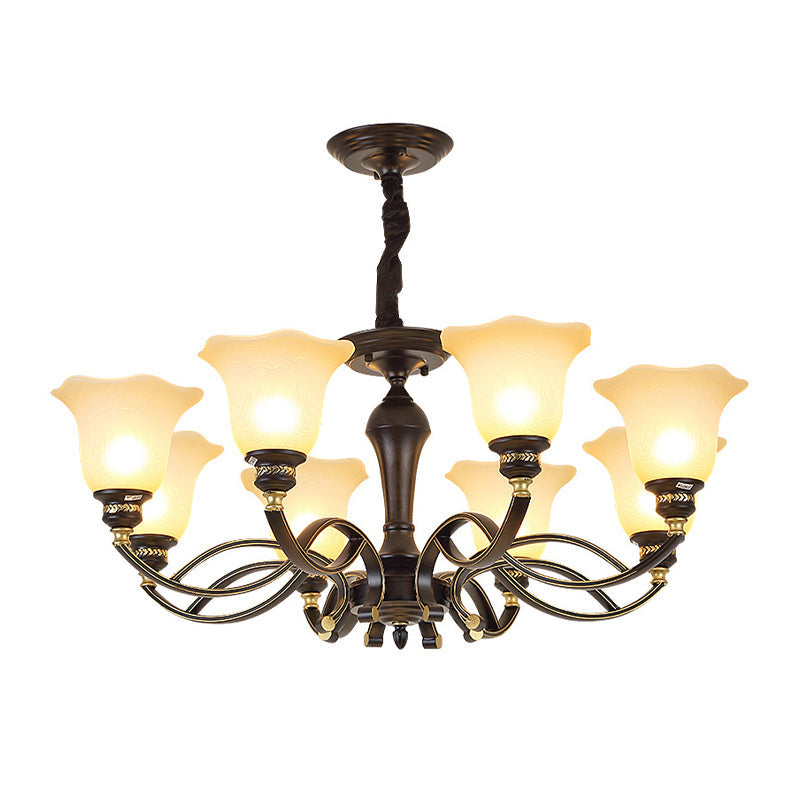Traditional Blossom Chandelier - White Frosted Glass Ceiling Lamp Fixture in Black