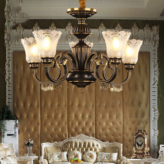 Traditional Metal Starburst Pendant Chandelier with 5 Lights in Black/Gold & Frosted Flower Glass Shade - Perfect for Dining rooms!