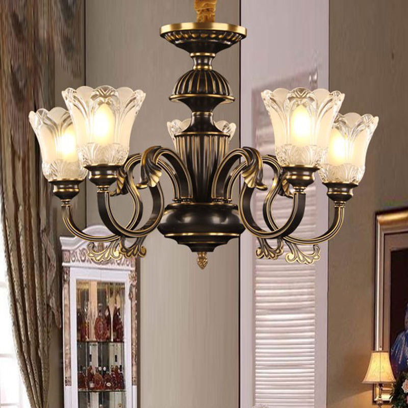 Traditional Metal Starburst Pendant Chandelier with 5 Lights in Black/Gold & Frosted Flower Glass Shade - Perfect for Dining rooms!