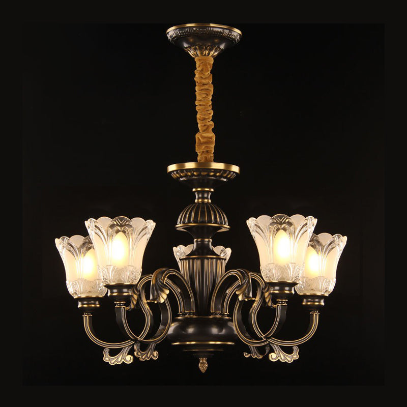 Traditional Metal Starburst Pendant Chandelier with 5 Lights in Black/Gold & Frosted Flower Glass Shade - Perfect for Dining rooms!