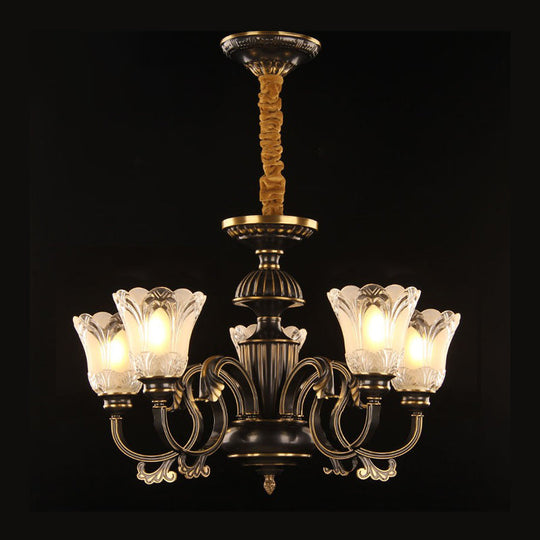 Traditional Metal Starburst Pendant Chandelier with 5 Lights in Black/Gold & Frosted Flower Glass Shade - Perfect for Dining rooms!