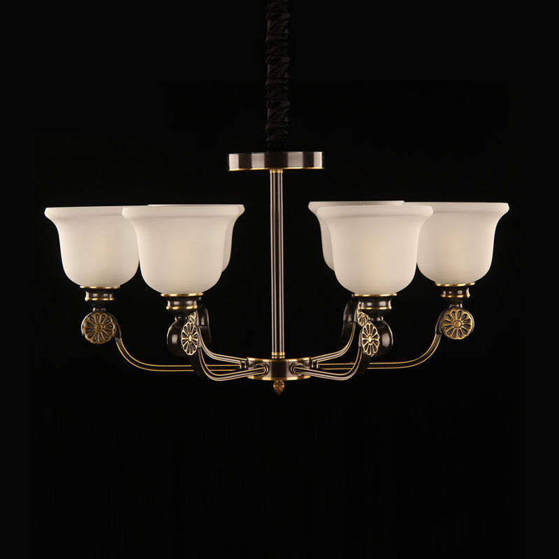 Black and Gold Sandblasted Glass Bell Pendant Chandelier - 6 Bulb Ceiling Lamp, Traditional Style
