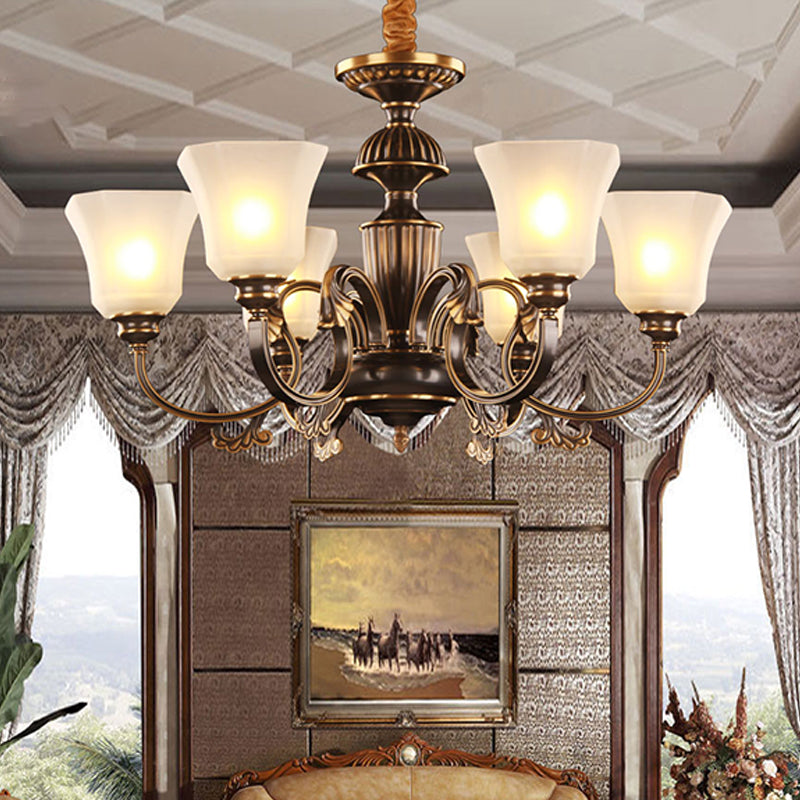Traditional Bell Chandelier with 6 Lights: Black & Gold, White Frosted Glass Pendant Lamp