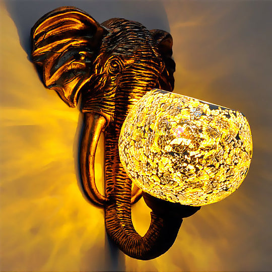 Globe Wall Mounted Light in Red/Yellow/Blue with Hand Cut Glass Baroque Sconce and Elephant Deco - Outdoor