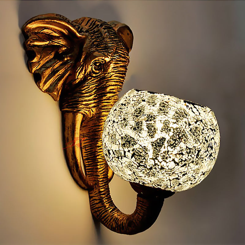 Globe Wall Mounted Light in Red/Yellow/Blue with Hand Cut Glass Baroque Sconce and Elephant Deco - Outdoor