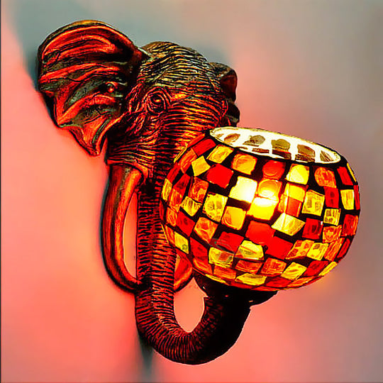 Globe Wall Mounted Light in Red/Yellow/Blue with Hand Cut Glass Baroque Sconce and Elephant Deco - Outdoor