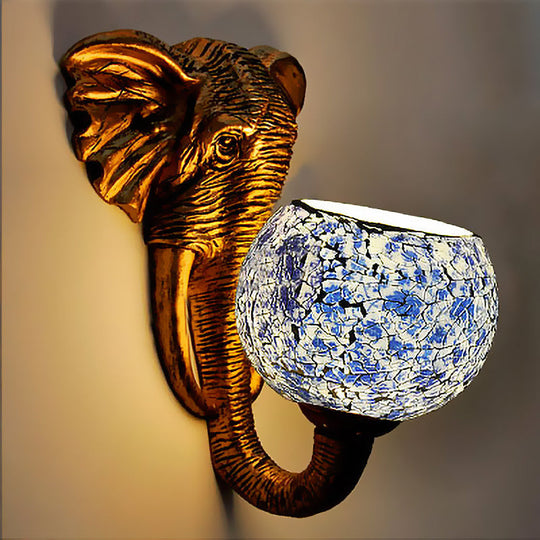 Globe Wall Mounted Light in Red/Yellow/Blue with Hand Cut Glass Baroque Sconce and Elephant Deco - Outdoor