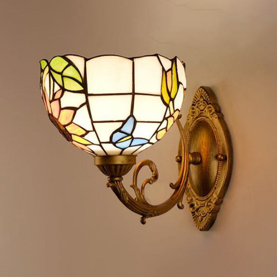 1-Light Stained Art Glass Victorian Sconce in Brass for Bathroom - Grape/Blossom Vanity Lighting Fixture