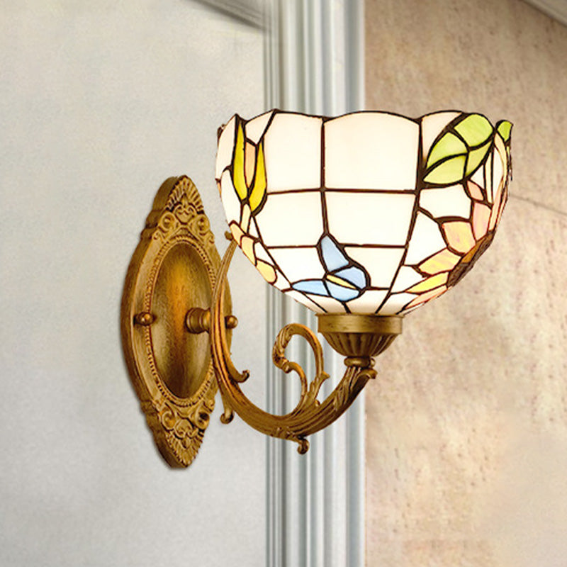 1-Light Stained Art Glass Victorian Sconce in Brass for Bathroom - Grape/Blossom Vanity Lighting Fixture
