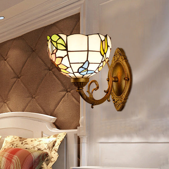 1-Light Stained Art Glass Victorian Sconce in Brass for Bathroom - Grape/Blossom Vanity Lighting Fixture