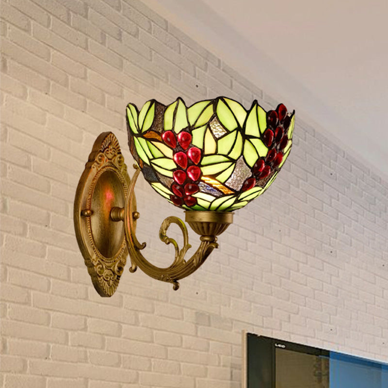 1-Light Stained Art Glass Victorian Sconce in Brass for Bathroom - Grape/Blossom Vanity Lighting Fixture