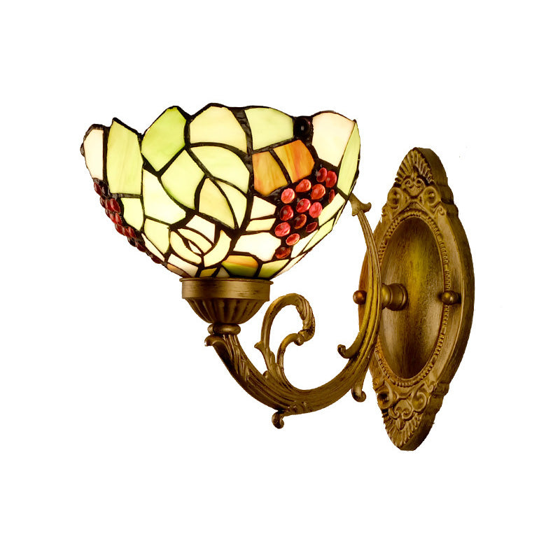 1-Light Stained Art Glass Victorian Sconce in Brass for Bathroom - Grape/Blossom Vanity Lighting Fixture
