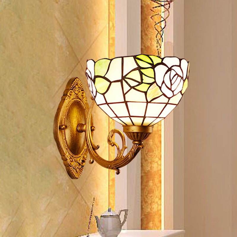 1-Light Stained Art Glass Victorian Sconce in Brass for Bathroom - Grape/Blossom Vanity Lighting Fixture