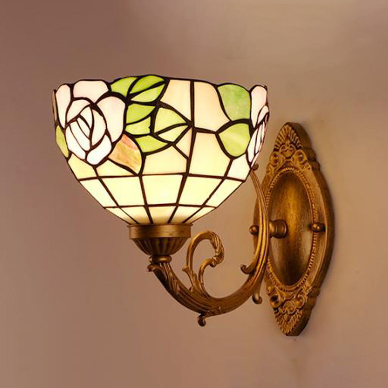 1-Light Stained Art Glass Victorian Sconce in Brass for Bathroom - Grape/Blossom Vanity Lighting Fixture