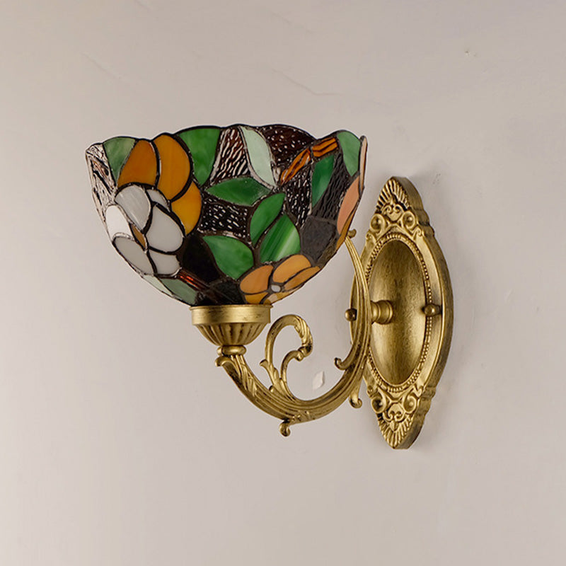 1-Light Stained Art Glass Victorian Sconce in Brass for Bathroom - Grape/Blossom Vanity Lighting Fixture