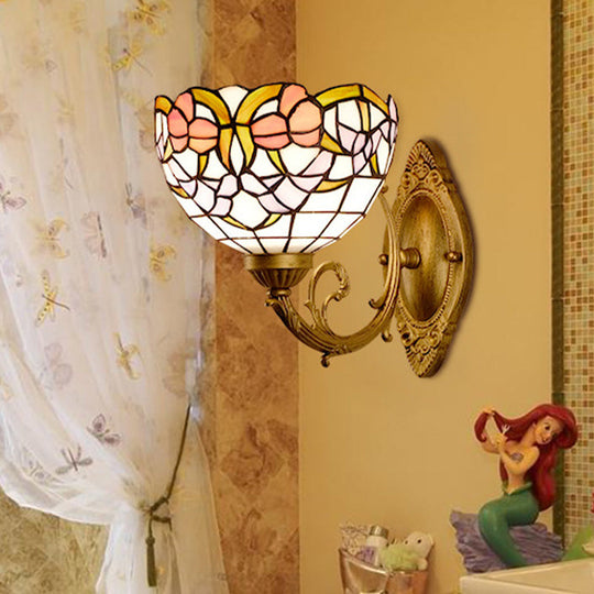 1-Light Stained Art Glass Victorian Sconce in Brass for Bathroom - Grape/Blossom Vanity Lighting Fixture