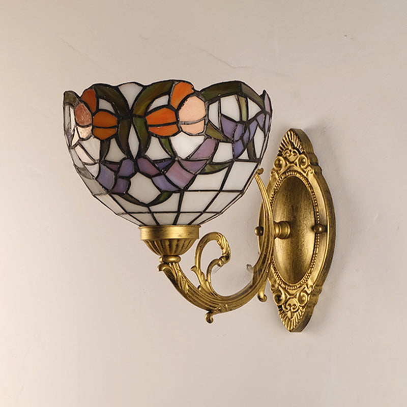 1-Light Stained Art Glass Victorian Sconce in Brass for Bathroom - Grape/Blossom Vanity Lighting Fixture