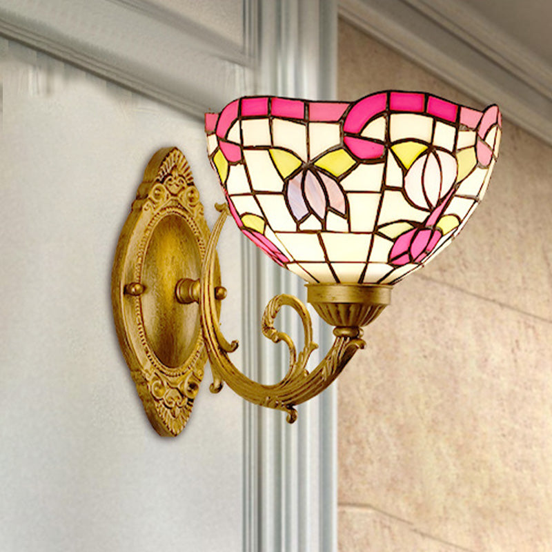 1-Light Stained Art Glass Victorian Sconce in Brass for Bathroom - Grape/Blossom Vanity Lighting Fixture