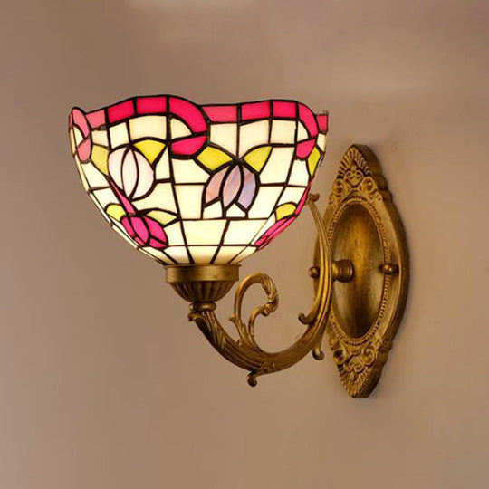 1-Light Stained Art Glass Victorian Sconce in Brass for Bathroom - Grape/Blossom Vanity Lighting Fixture