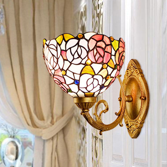 1-Light Stained Art Glass Victorian Sconce in Brass for Bathroom - Grape/Blossom Vanity Lighting Fixture