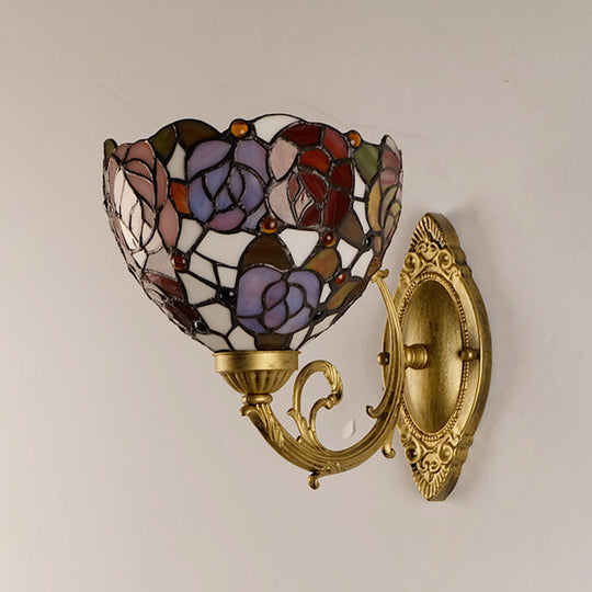 1-Light Stained Art Glass Victorian Sconce in Brass for Bathroom - Grape/Blossom Vanity Lighting Fixture