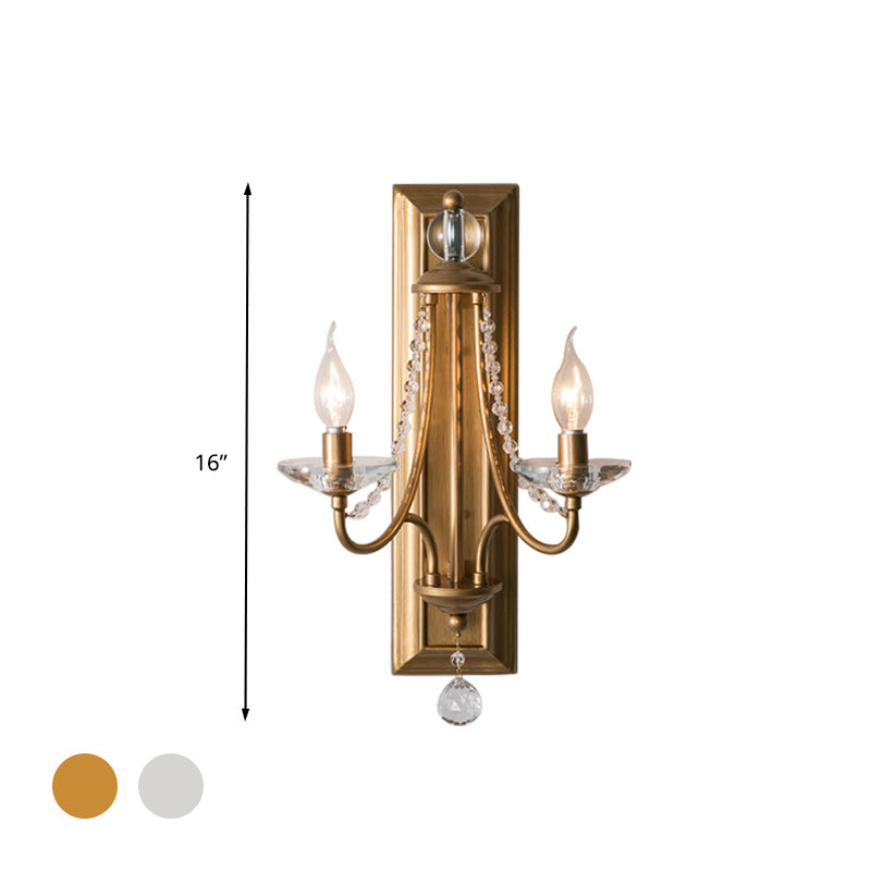 2-Light Crystal Ball Wall Sconce for Bedroom, Rural Gold/Silver Metal Candle Style Lighting Fixture