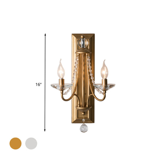 2-Light Crystal Ball Wall Sconce for Bedroom, Rural Gold/Silver Metal Candle Style Lighting Fixture