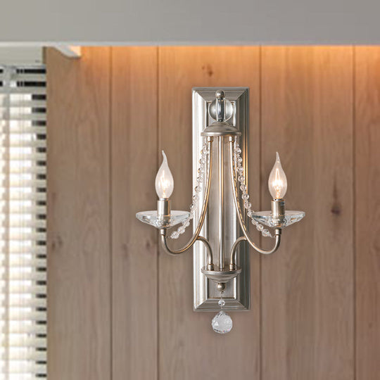 2-Light Crystal Ball Wall Sconce for Bedroom, Rural Gold/Silver Metal Candle Style Lighting Fixture