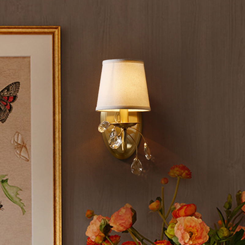 Traditional Conical Crystal Wall Light Sconce with Brass Fixture and Fabric Shade