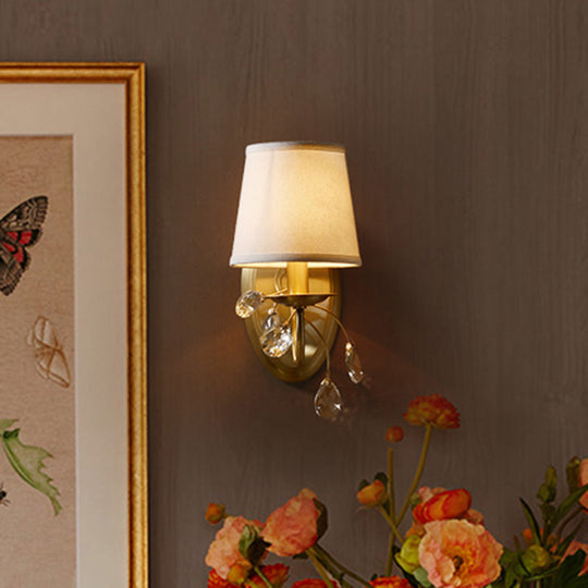 Traditional Conical Crystal Wall Light Sconce with Brass Fixture and Fabric Shade