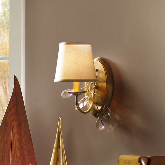 Traditional Conical Crystal Wall Light Sconce with Brass Fixture and Fabric Shade