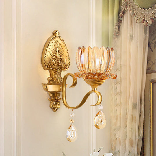Retro Amber Glass Wall Lamp with Gold Blooms and Crystal Drops for Living Room Decor