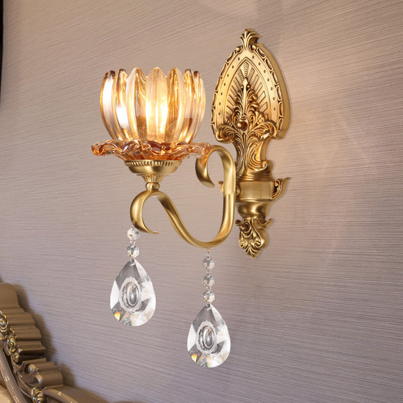 Retro Amber Glass Wall Lamp with Gold Blooms and Crystal Drops for Living Room Decor