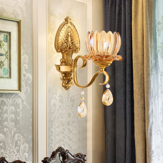 Retro Amber Glass Wall Lamp with Gold Blooms and Crystal Drops for Living Room Decor