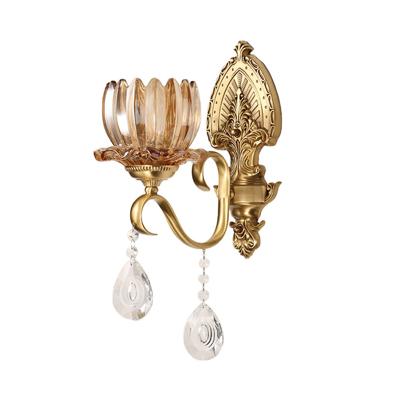 Retro Amber Glass Wall Lamp with Gold Blooms and Crystal Drops for Living Room Decor