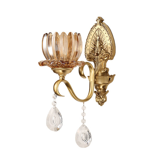 Retro Amber Glass Wall Lamp with Gold Blooms and Crystal Drops for Living Room Decor
