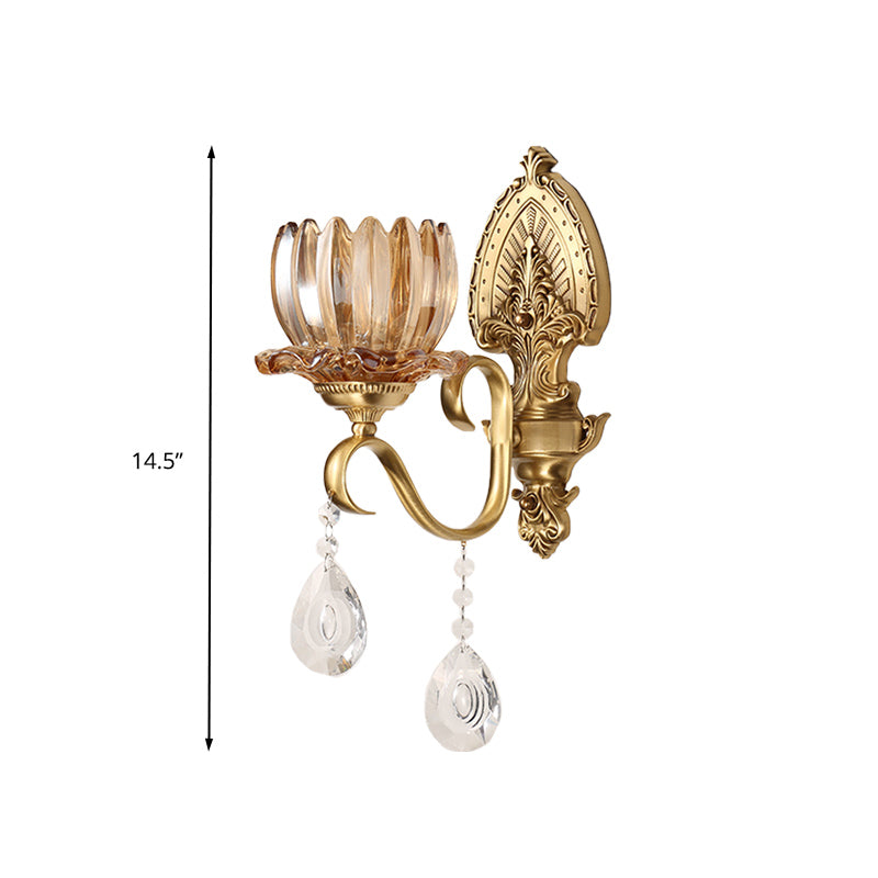 Retro Amber Glass Wall Lamp with Gold Blooms and Crystal Drops for Living Room Decor