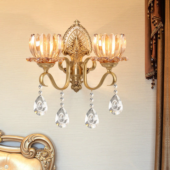 Retro Amber Glass Wall Lamp with Gold Blooms and Crystal Drops for Living Room Decor