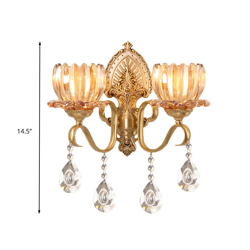 Retro Amber Glass Wall Lamp with Gold Blooms and Crystal Drops for Living Room Decor